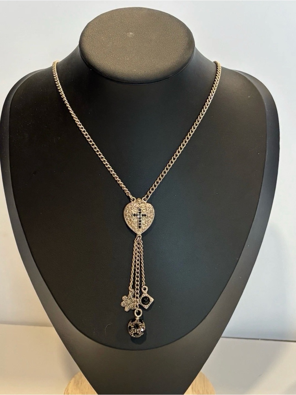 Vintage EH Pewter Heart Cross‎ Charm Necklace Y2K Goth 16”
